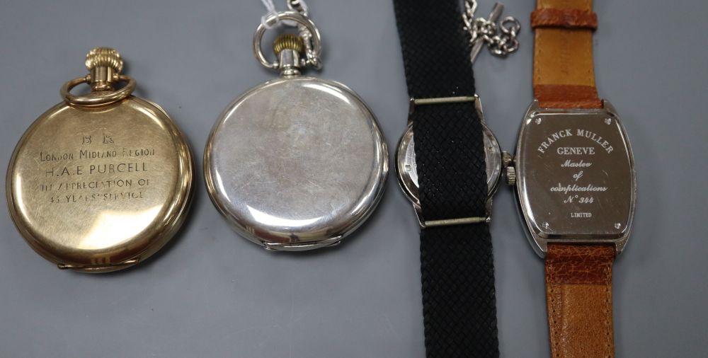 A J.W Benson silver half hunter keyless pocket watch, with albert, a gold plated Vertex pocket watch and two wrist watches.